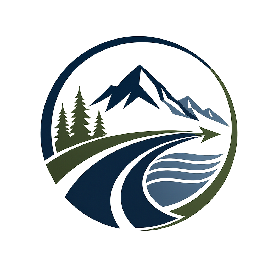 A logo depicting a river flowing through a valley with mountains and trees in the background.